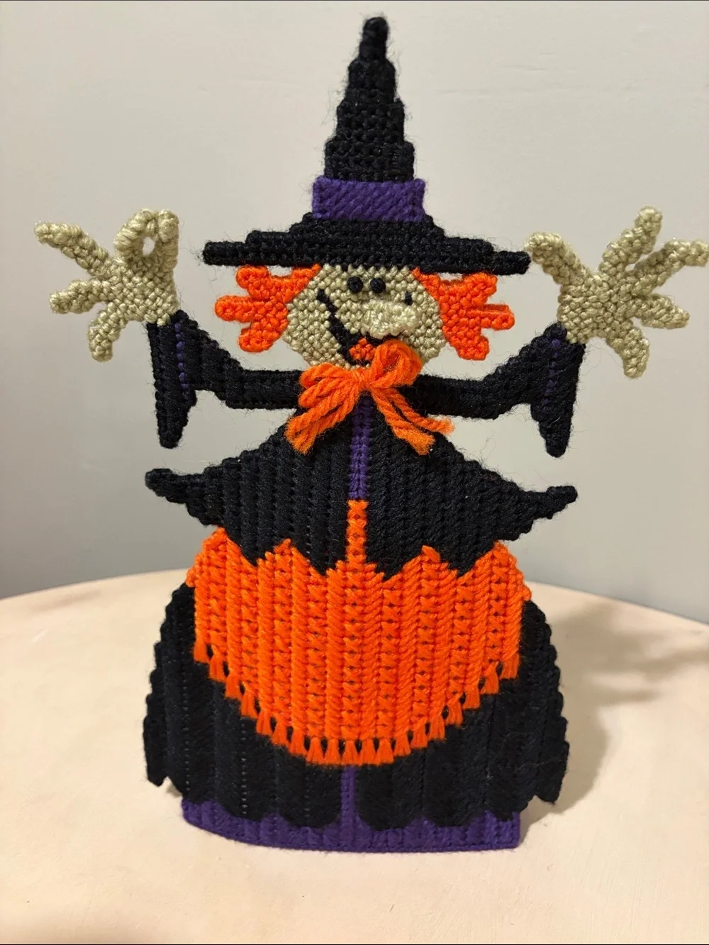 Vintage Handcrafted Needlecraft Halloween Witch And Ghost Yarn And Canvas